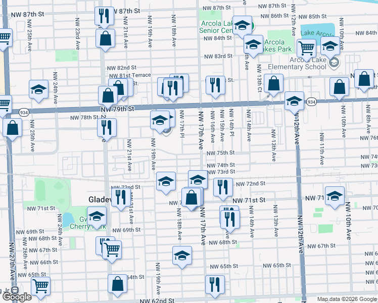 map of restaurants, bars, coffee shops, grocery stores, and more near 1751 Northwest 75th Street in Miami
