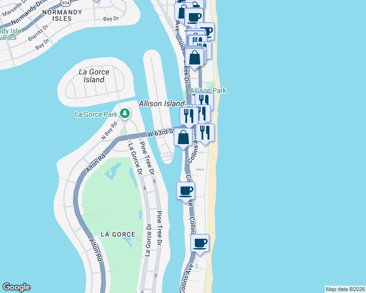 map of restaurants, bars, coffee shops, grocery stores, and more near 6103 Aqua Avenue in Miami Beach
