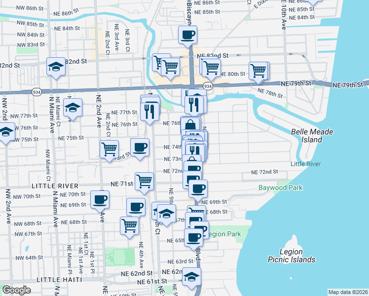 map of restaurants, bars, coffee shops, grocery stores, and more near 549 Northeast 74th Street in Miami