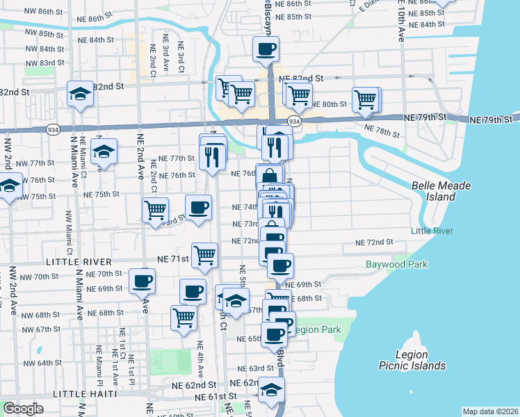 map of restaurants, bars, coffee shops, grocery stores, and more near 549 Northeast 74th Street in Miami