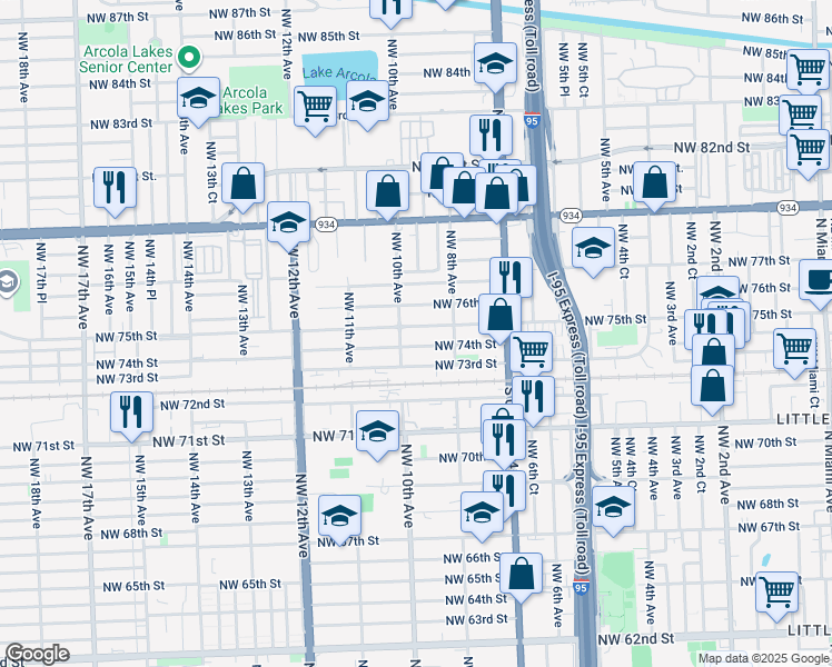 map of restaurants, bars, coffee shops, grocery stores, and more near 911 Northwest 75th Street in Miami