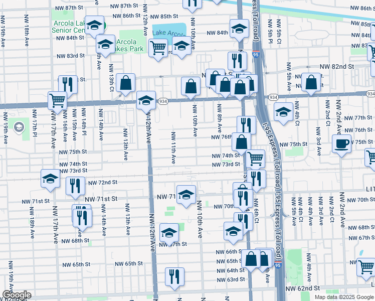 map of restaurants, bars, coffee shops, grocery stores, and more near 1043 Northwest 75th Street in Miami