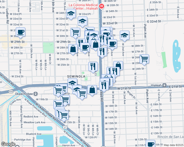 map of restaurants, bars, coffee shops, grocery stores, and more near 511 West 24th Street in Hialeah