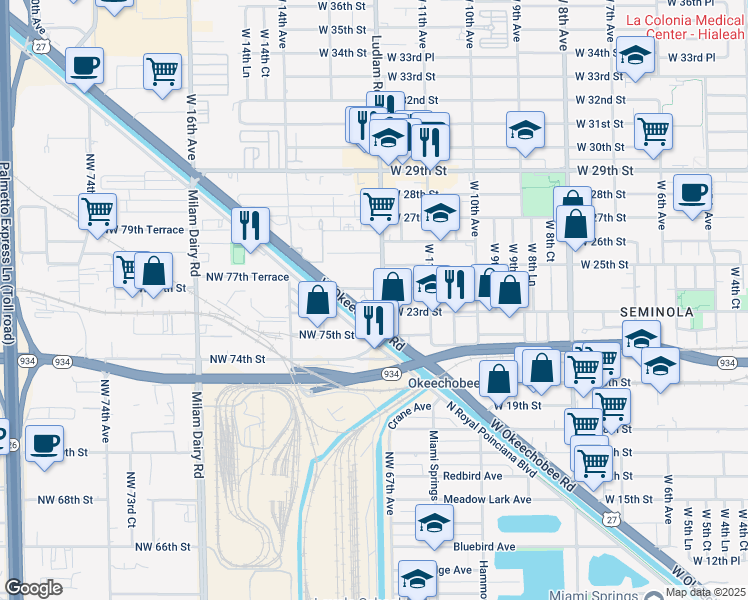 map of restaurants, bars, coffee shops, grocery stores, and more near 1240 West 24th Street in Hialeah