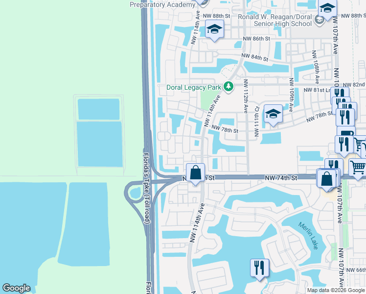 map of restaurants, bars, coffee shops, grocery stores, and more near 7742 Northwest 114th Path in Doral