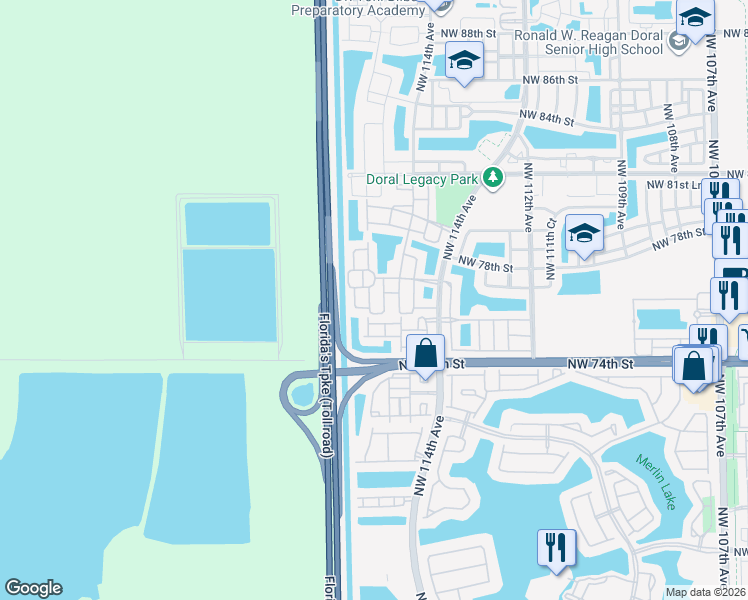 map of restaurants, bars, coffee shops, grocery stores, and more near 7716 Northwest 115th Court in Medley