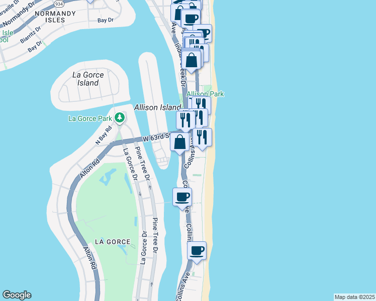 map of restaurants, bars, coffee shops, grocery stores, and more near 6000 Florida A1A in Miami Beach