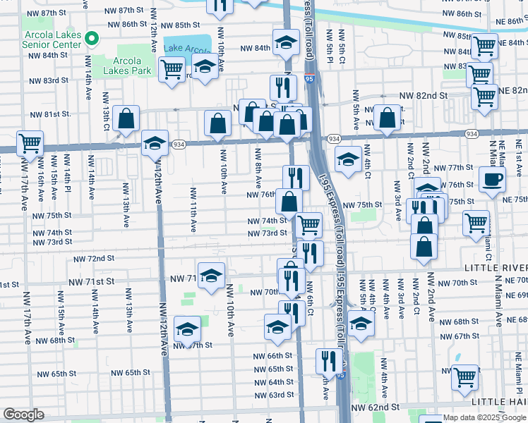 map of restaurants, bars, coffee shops, grocery stores, and more near 795 Northwest 75th Street in Miami