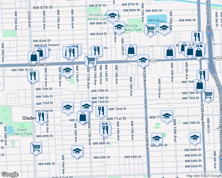 map of restaurants, bars, coffee shops, grocery stores, and more near 7510 Northwest 14th Avenue in Miami