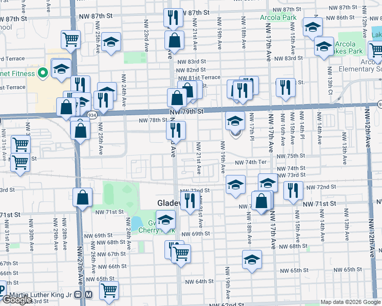 map of restaurants, bars, coffee shops, grocery stores, and more near 7508 Northwest 21st Place in Miami