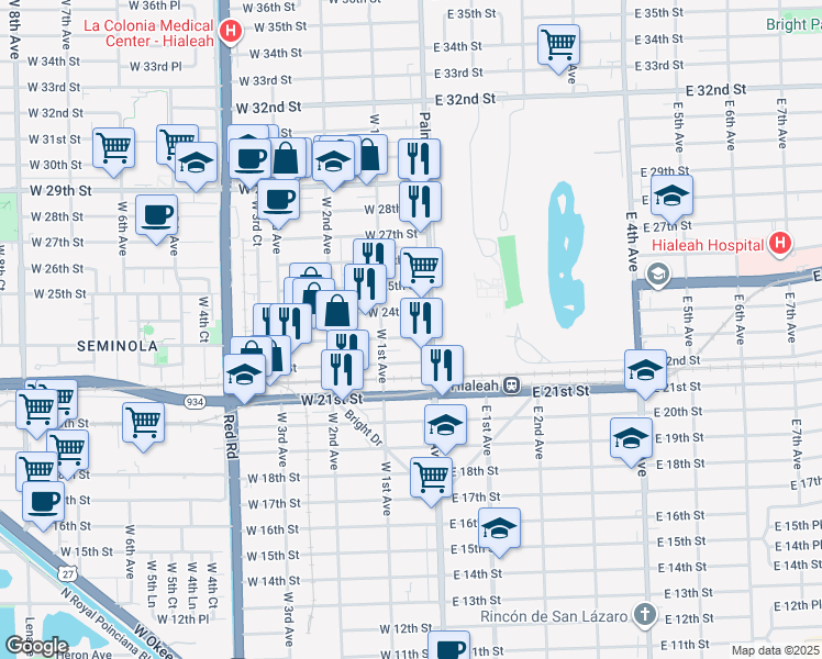 map of restaurants, bars, coffee shops, grocery stores, and more near 44 West 24th Street in Hialeah