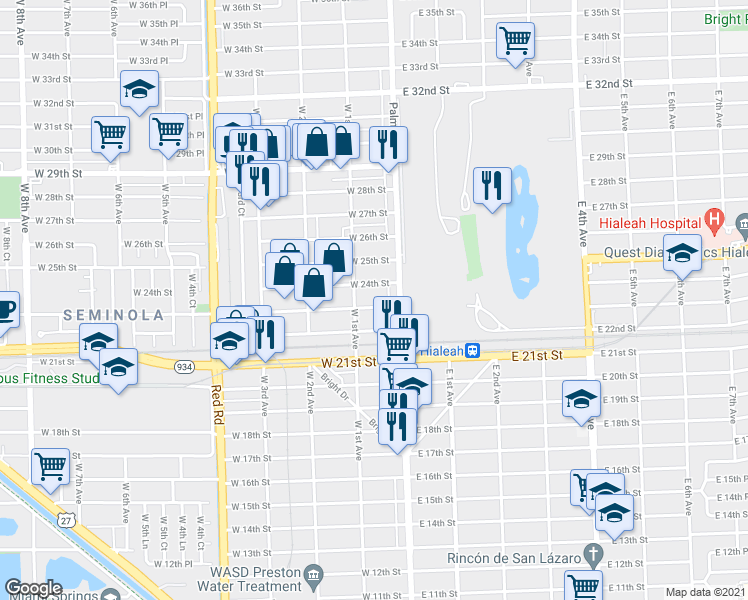 map of restaurants, bars, coffee shops, grocery stores, and more near 44 West 24th Street in Hialeah