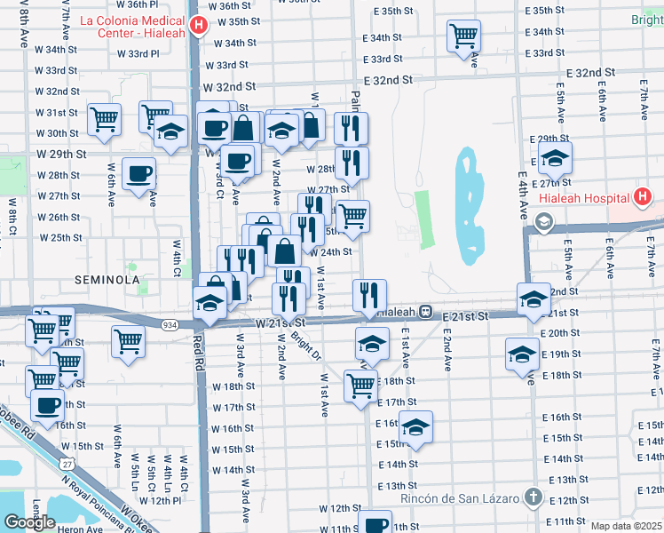 map of restaurants, bars, coffee shops, grocery stores, and more near 44 West 24th Street in Hialeah