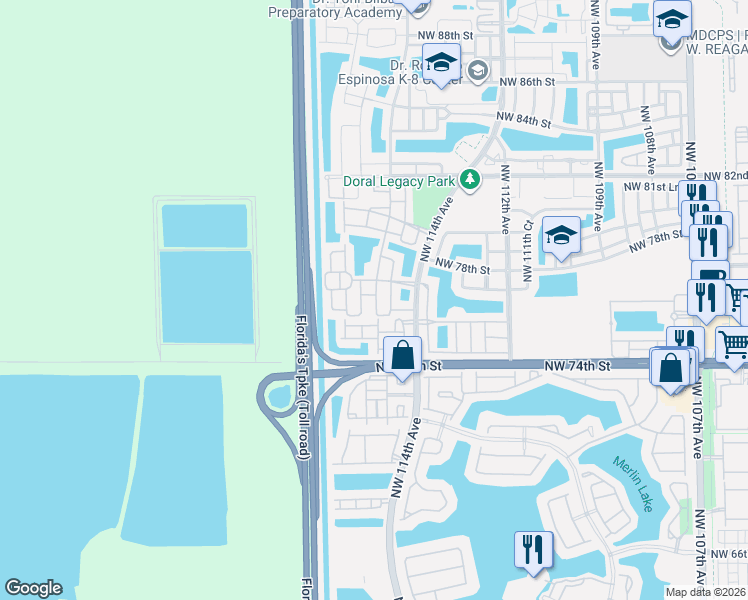 map of restaurants, bars, coffee shops, grocery stores, and more near 7742 Northwest 114th Path in Doral