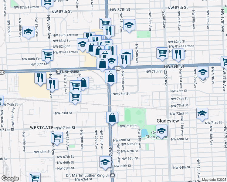 map of restaurants, bars, coffee shops, grocery stores, and more near 7570 Northwest 26th Avenue in Miami