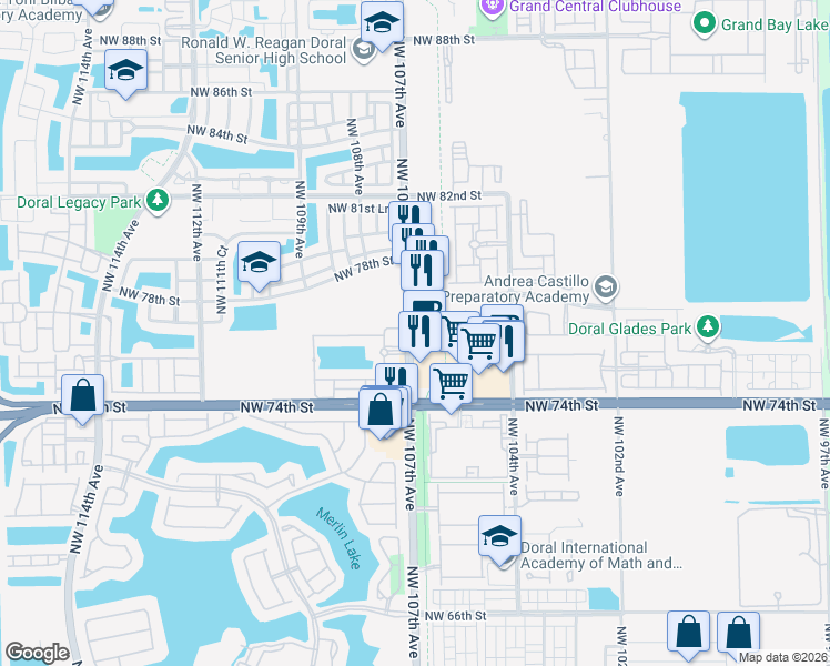 map of restaurants, bars, coffee shops, grocery stores, and more near 7661 Northwest 107th Avenue in Doral