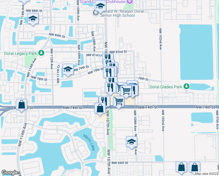 map of restaurants, bars, coffee shops, grocery stores, and more near 7661 Northwest 107th Avenue in Doral