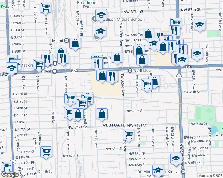 map of restaurants, bars, coffee shops, grocery stores, and more near 3200 Northwest 79th Street in Miami