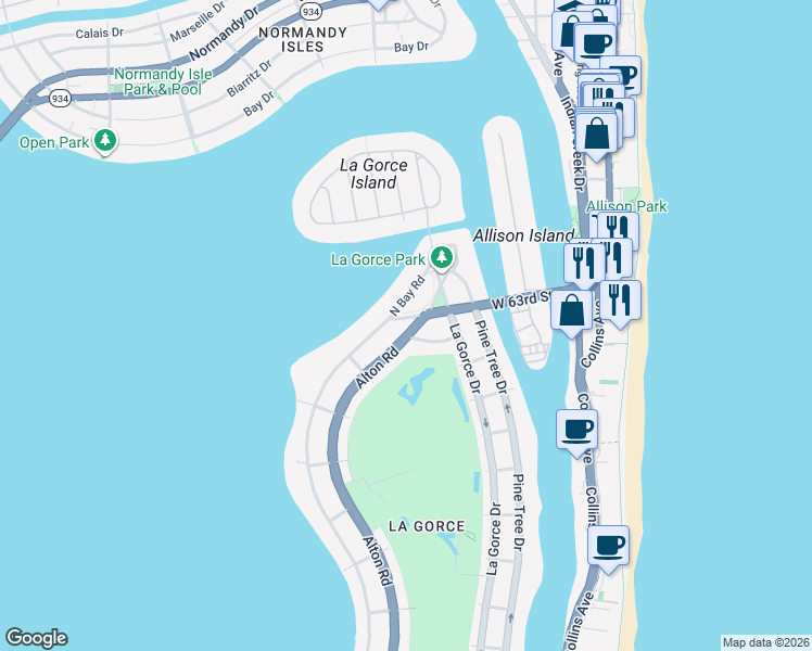 map of restaurants, bars, coffee shops, grocery stores, and more near 1200 West 63rd Street in Miami Beach