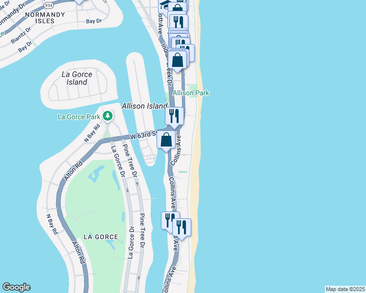 map of restaurants, bars, coffee shops, grocery stores, and more near 6000 Florida A1A in Miami Beach