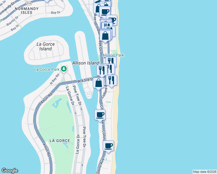 map of restaurants, bars, coffee shops, grocery stores, and more near 6000 Florida A1A in Miami Beach