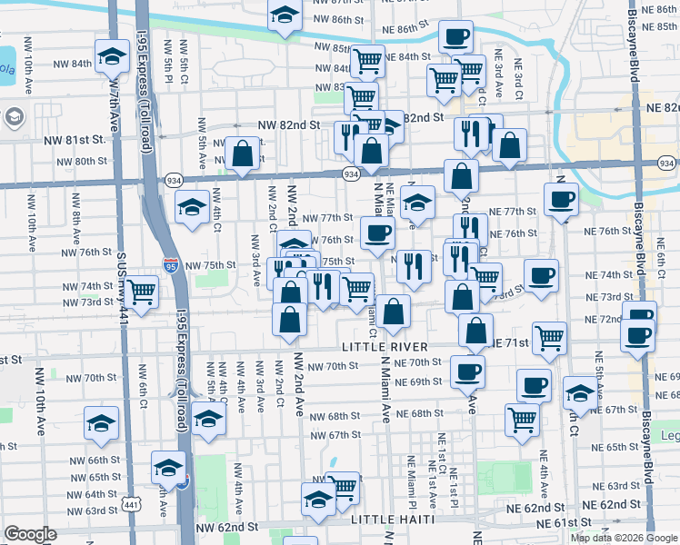map of restaurants, bars, coffee shops, grocery stores, and more near 126 Northwest 75th Street in Miami