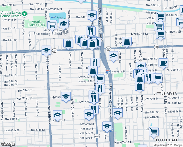 map of restaurants, bars, coffee shops, grocery stores, and more near 727 Northwest 75th Street in Miami