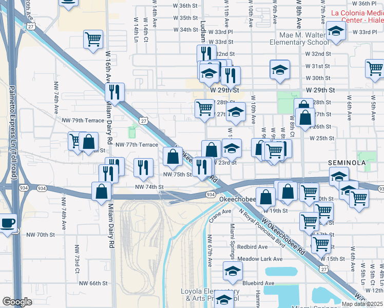 map of restaurants, bars, coffee shops, grocery stores, and more near 1240 West 24th Street in Hialeah