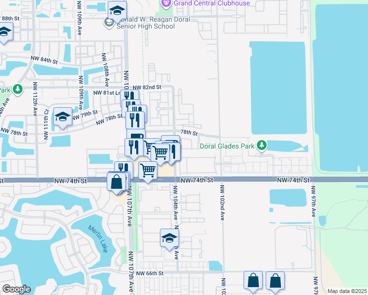map of restaurants, bars, coffee shops, grocery stores, and more near 7651 Northwest 103rd Place in Doral