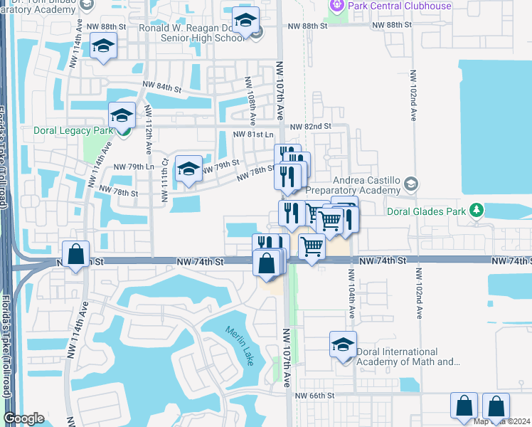 map of restaurants, bars, coffee shops, grocery stores, and more near 10701 Northwest 76th Lane in Medley