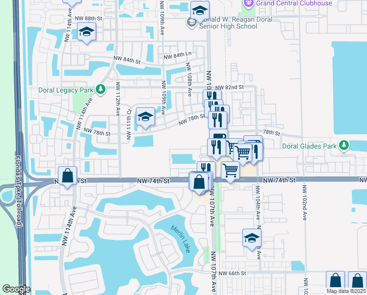 map of restaurants, bars, coffee shops, grocery stores, and more near 10781 Northwest 76th Lane in Medley
