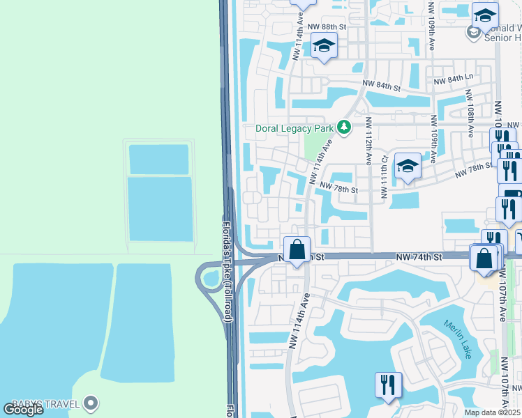 map of restaurants, bars, coffee shops, grocery stores, and more near 7716 Northwest 115th Court in Medley