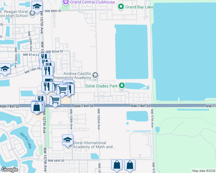 map of restaurants, bars, coffee shops, grocery stores, and more near 10064 Northwest 77th Street in Doral