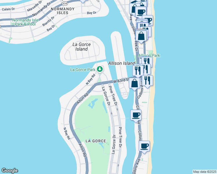 map of restaurants, bars, coffee shops, grocery stores, and more near 6180 Pine Tree Drive in Miami Beach