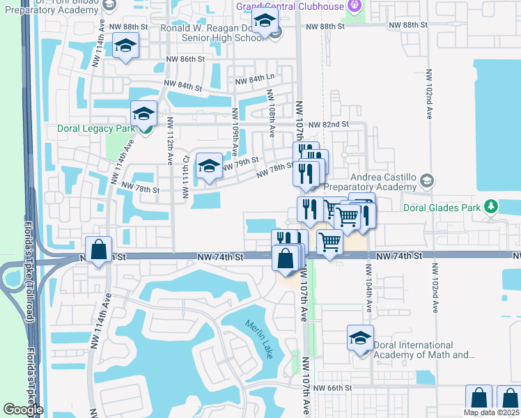 map of restaurants, bars, coffee shops, grocery stores, and more near 10781 Northwest 76th Lane in Medley