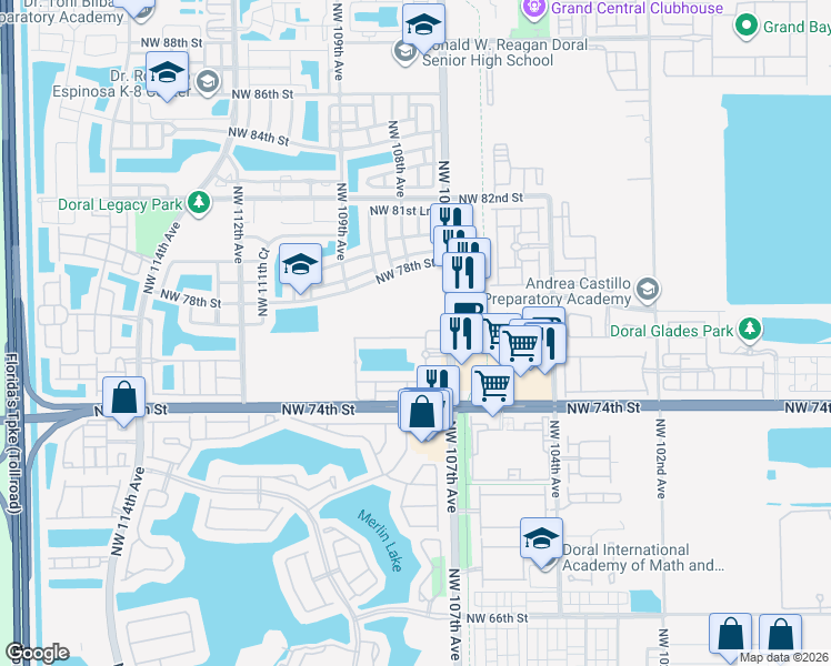 map of restaurants, bars, coffee shops, grocery stores, and more near 10713 Northwest 76th Lane in Medley