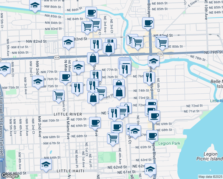map of restaurants, bars, coffee shops, grocery stores, and more near 340 Northeast 75th Street in Miami