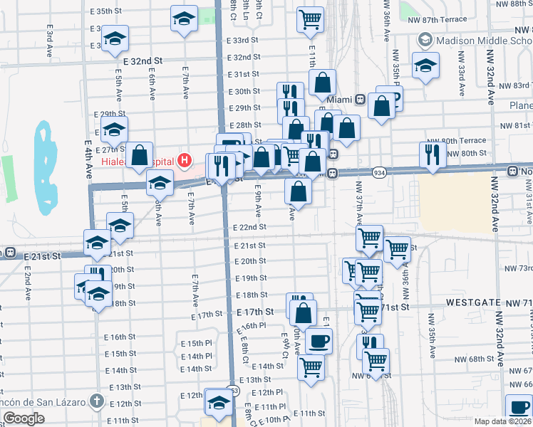 map of restaurants, bars, coffee shops, grocery stores, and more near 924 East 23rd Street in Hialeah