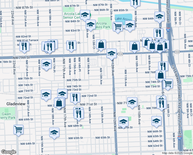 map of restaurants, bars, coffee shops, grocery stores, and more near 1341 Northwest 75th Street in Miami
