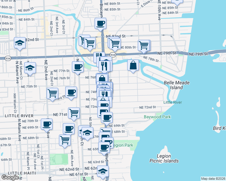 map of restaurants, bars, coffee shops, grocery stores, and more near 652 Northeast 74th Street in Miami