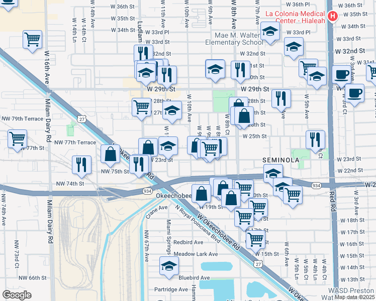 map of restaurants, bars, coffee shops, grocery stores, and more near 1004 West 24th Street in Hialeah