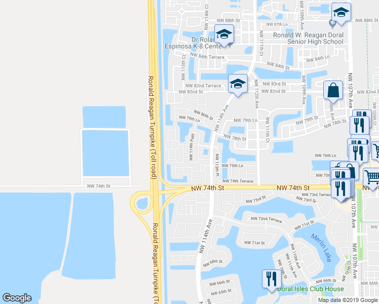 map of restaurants, bars, coffee shops, grocery stores, and more near 11450 Northwest 77th Street in Doral