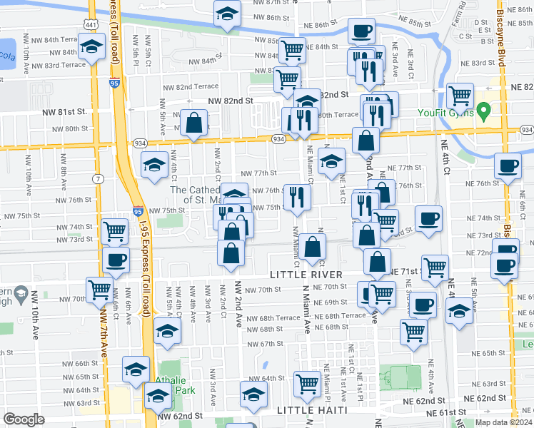 map of restaurants, bars, coffee shops, grocery stores, and more near 126 Northwest 75th Street in Miami