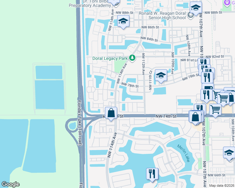 map of restaurants, bars, coffee shops, grocery stores, and more near 7754 Northwest 113th Place in Medley