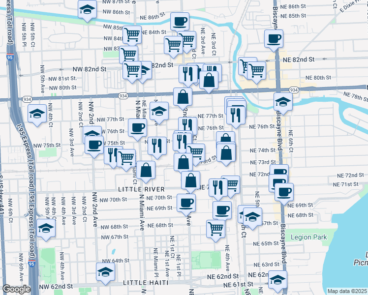 map of restaurants, bars, coffee shops, grocery stores, and more near 7426 Northeast 2nd Avenue in Miami