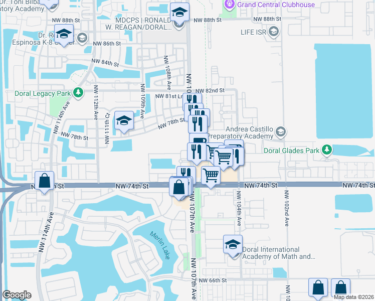 map of restaurants, bars, coffee shops, grocery stores, and more near 7661 Northwest 107th Avenue in Doral