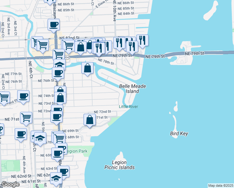 map of restaurants, bars, coffee shops, grocery stores, and more near 990 Northeast 74th Street in Miami