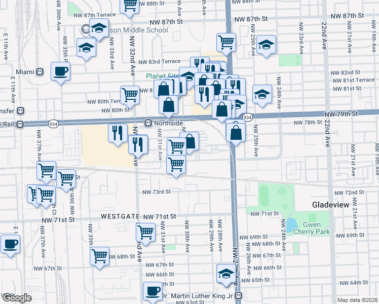 map of restaurants, bars, coffee shops, grocery stores, and more near 2987 Northwest 75th Street in Miami
