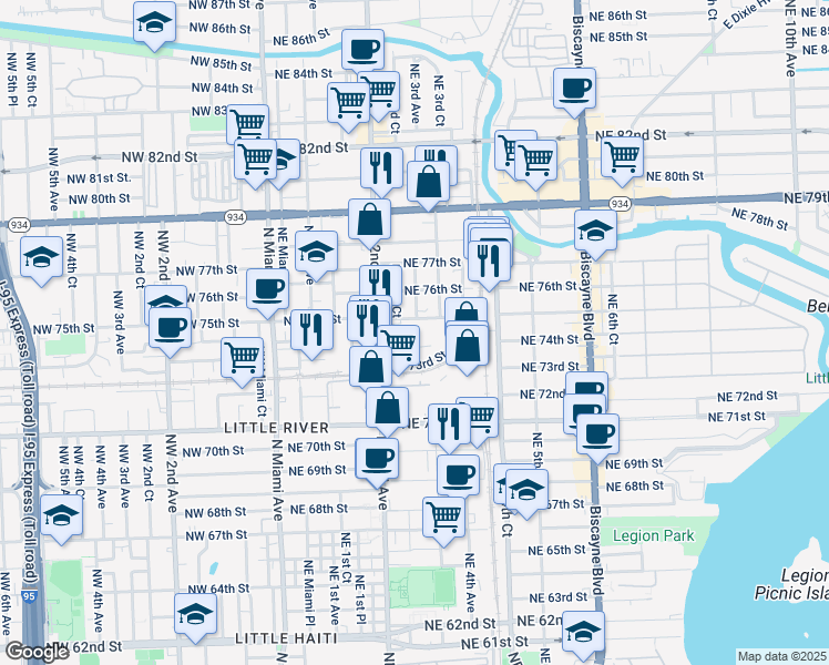 map of restaurants, bars, coffee shops, grocery stores, and more near 300 Northeast 75th Street in Miami