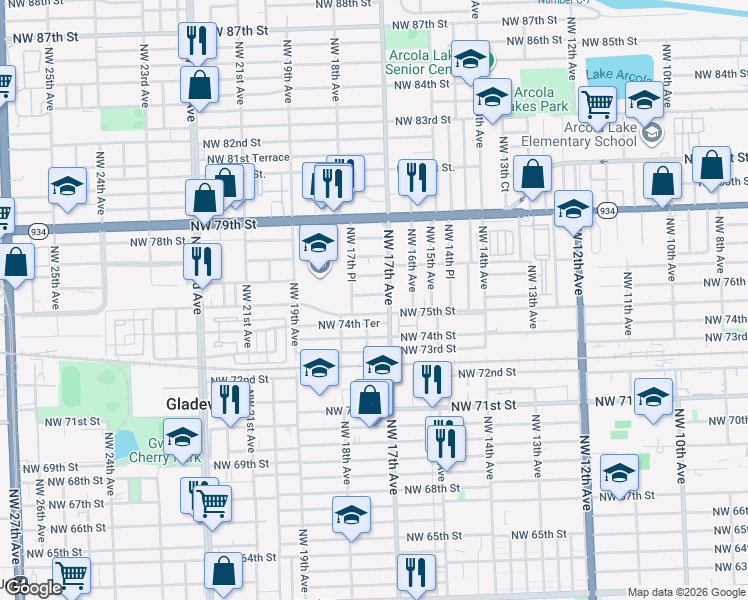 map of restaurants, bars, coffee shops, grocery stores, and more near 1728 Northwest 76th Street in Miami